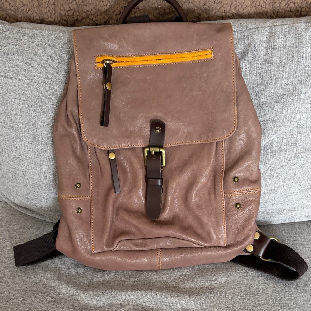 Brown Leather Backpack with Yellow Accent - Classic Casual Carry